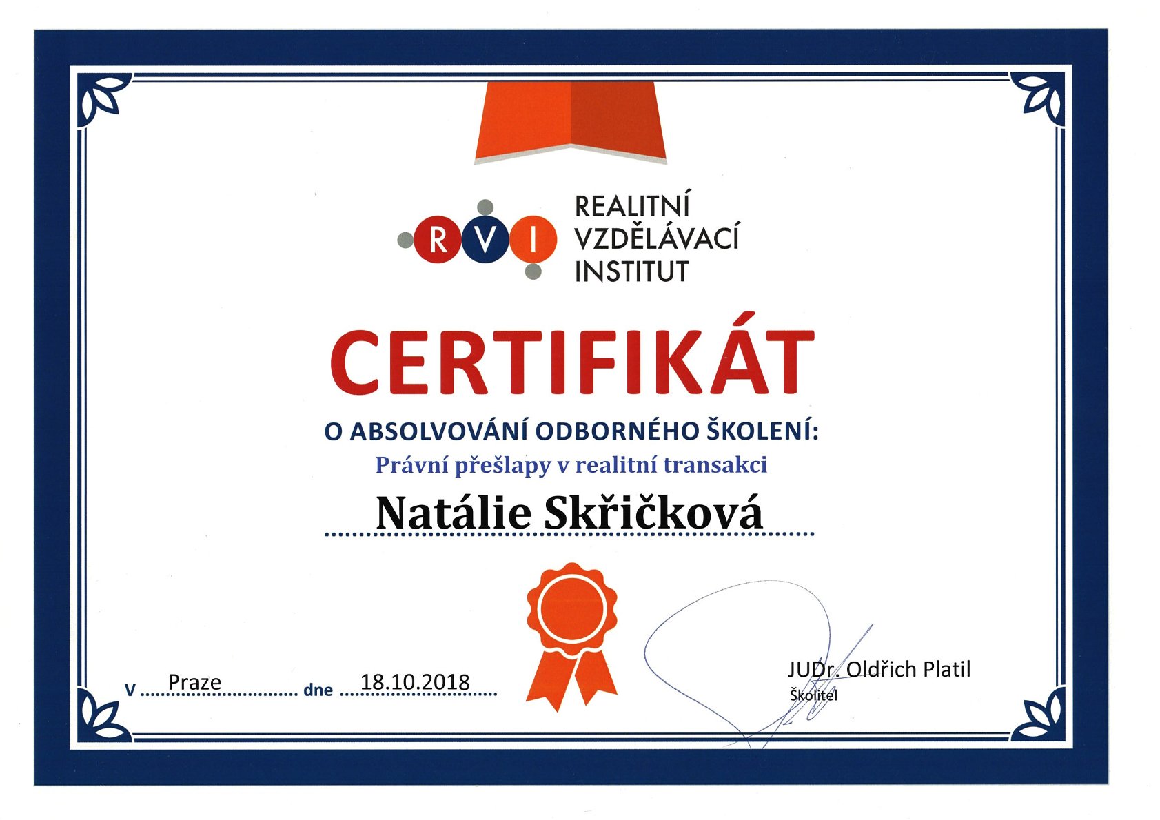 Certifikát o absolvování odborného školení Právní přešlapy v realitní transakci