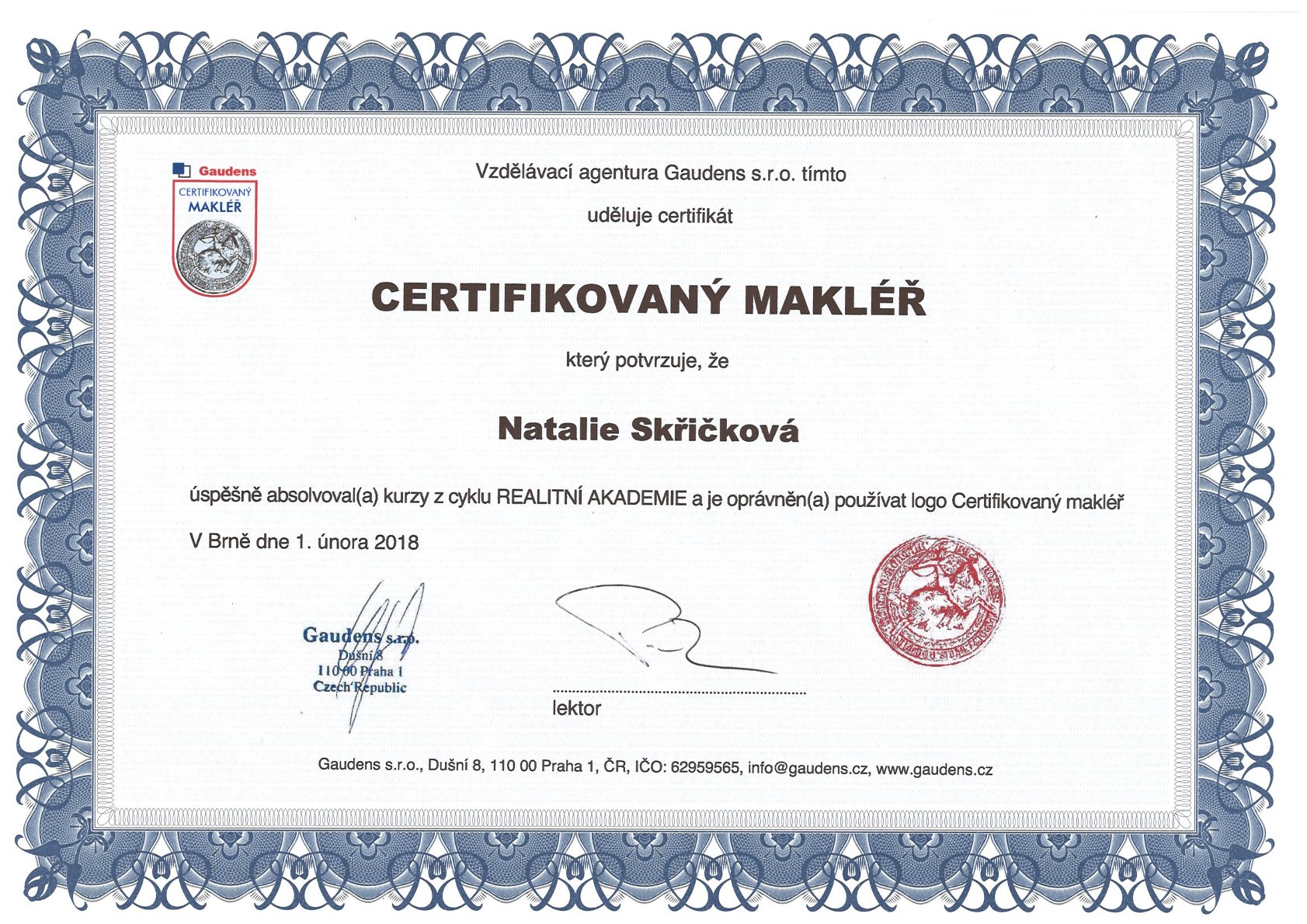 Certifikát z cyklu REALITNÍ AKADEMIE