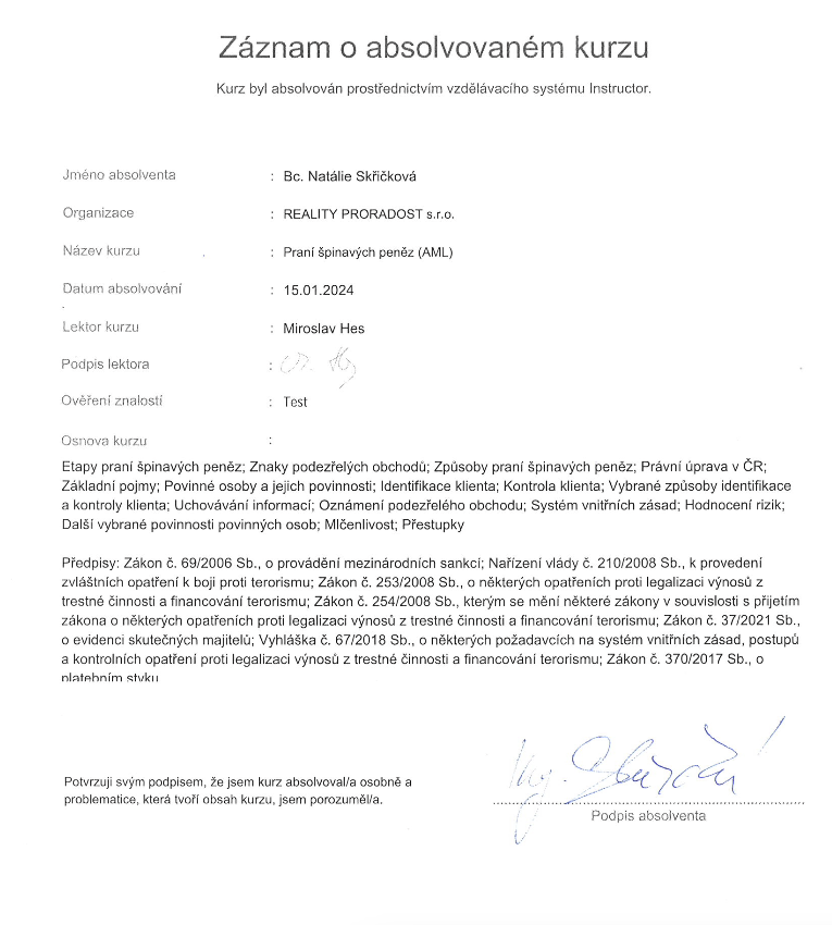 Certifikát o absolvování kurzu praní špinavých peněz